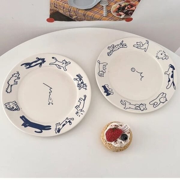 PUQOO Home | Blue Playful Cat and Dog Ceramic Plate - Image 3