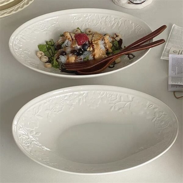 PUQOO Home | Pure White Oval Deep Ceramic Plate with Embossed Design - Image 5